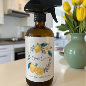Natural Glass & Window Cleaner — 16 oz Amber Glass Get a crystal clear shine with this simple ingredient glass and window cleaner.  You can feel good about: citric acid and a splash of lemon to cut spots and haze, distilled water for a streak-minimizing finish, and a touch of  rubbing alcohol  to lift fingerprints and grime. Packaged in a amber glass bottle to protect freshness and cut plastic waste. Why you’ll love it: Fresh, effective clean — tackles fingerprints, water spots, and everyday buildup. Simple ingredients — no  chlorine bleach, dyes, or synthetic fragrance. Sustainable packaging — amber glass no plastic  Good to know For glass, mirrors, chrome, stainless fixtures, and car windows (inside). Do not use on natural stone (marble, travertine), specialty screen coatings, or tinted films without spot-testing. Do not mix with bleach or other cleaners.