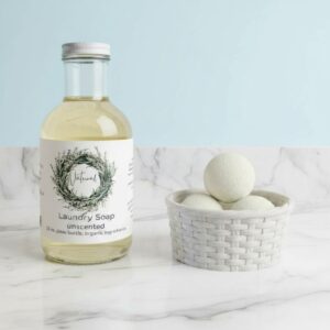 Natural Laundry Detergent in reusable glass bottle. 32 oz. Made from organic castile soap.