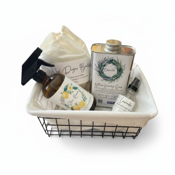 Wire basket for laundry storage.