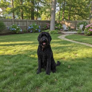 Millie the dog in the back yard with her Butterfly & Bee mosquito and tick repellent on. 