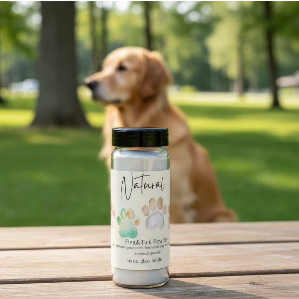 All Natural Flea and Tick Powder for Pets, works on Carpets Also! Butterfly &Bee comes in glass bottle.