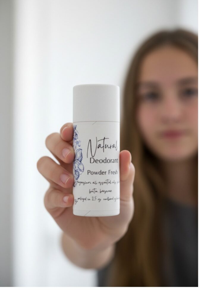 Aluminum-free, baking soda-free deodorant in a zero-waste tube, ideal for teenagers.
