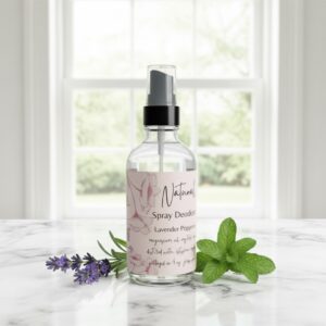 Butterfly & Bee Natural Aluminum and Baking Soda Free Deodorant. Comes in a glass spray on bottle. No artificial ingredients. Deodorant with Magnesium.