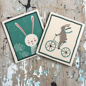 Two cute rabbit-themed Swedish dishcloth, wood pulp sponge.
