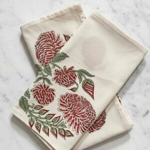 Cotton Napkin Set Floral Design Block Print Pattern Botanical Textile Green Pink Colors Handmade Table Linen Soft Fabric Large Size Dining Accessory Elegant Table Setting Beautiful Presentation Dinner Party Hostess Gift Sustainable Option