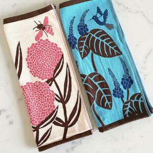 Practical Kitchen Towels Cotton Dish Set Hanging Loop Design Nature Inspired Pattern Butterfly Hummingbird Artwork Thick Absorbent Fabric Turquoise Blue Cream Background Double Sided Construction Brown Edge Detail Beautiful Kitchen