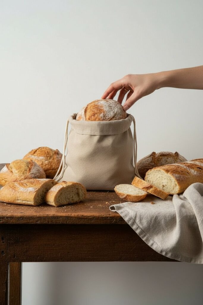 Designed for artisan loaves and sourdough, this large beeswax-lined linen bread bag is a reusable, plastic-free way to keep bread fresh.