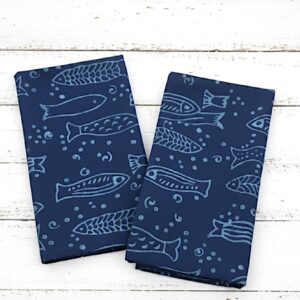 Set of 6 block print cotton napkins with cute fish pattern.