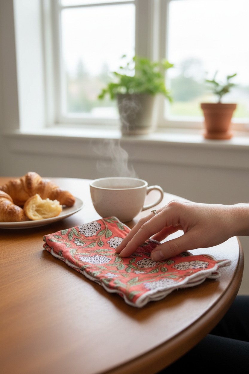 Cotton Napkin Set of Six Dining Table Linen Collection Handmade Block Print Floral Pattern Green Leaf Decorative Design Boho Style Dinner - Image 3
