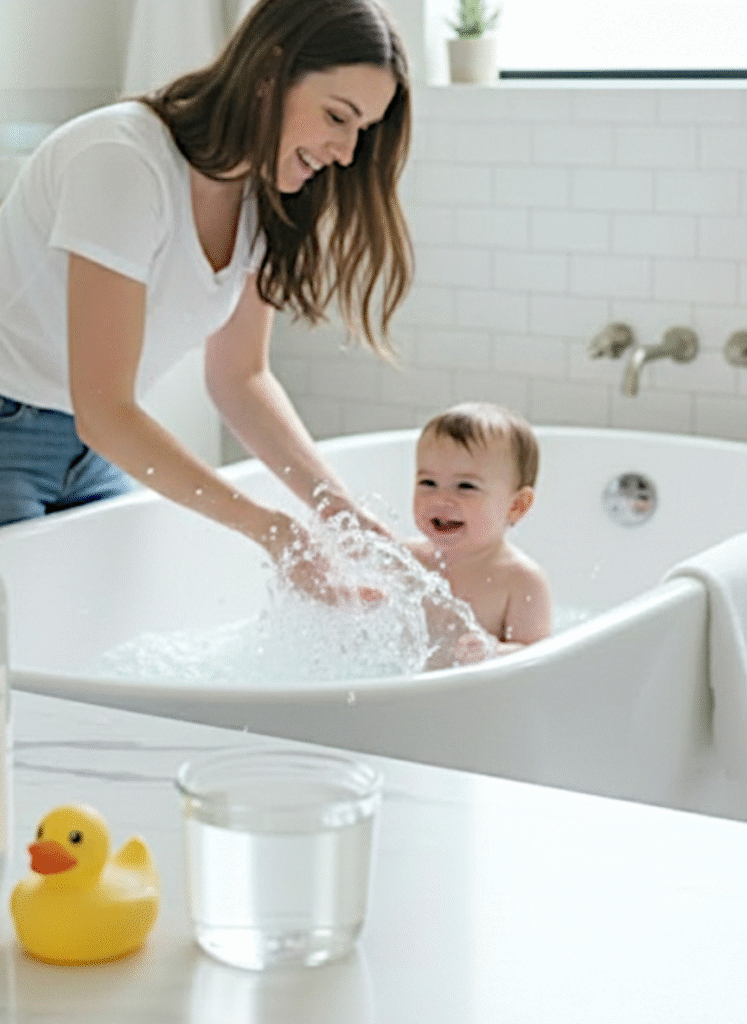 Organic baby body wash and shampoo. In refillable glass jar.