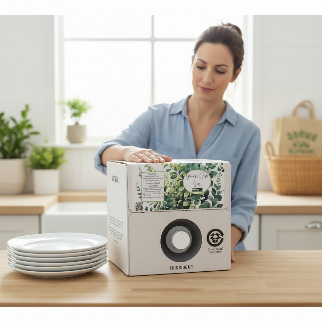 Person holding dish soap box.