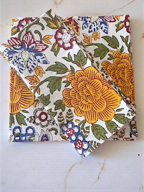 Floral Block Print Napkins Green Blue and Gold Floral Napkin Set of 4 Eco friendly Cloth Napkins for Dining Table Brunch Farmhouse Decor 17x17 - Image 6
