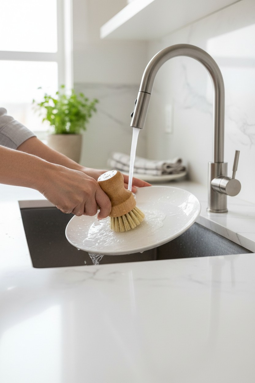Wood Dish Scrub Brush with Holder, Natural Fiber Kitchen Scrubber, Wooden Soap Dish & Brush Stand, Plastic Free Kitchen Cleaning Set - Image 3