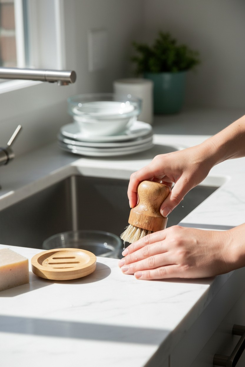 Wood Dish Scrub Brush with Holder, Natural Fiber Kitchen Scrubber, Wooden Soap Dish & Brush Stand, Plastic Free Kitchen Cleaning Set - Image 2