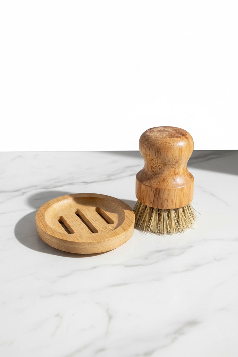 Wood Dish Scrub Brush with Holder, Natural Fiber Kitchen Scrubber, Wooden Soap Dish & Brush Stand, Plastic Free Kitchen Cleaning Set - Image 6