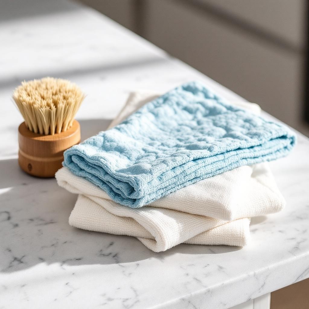 Sustainable Kitchen include cloth towels and wood scrub brushes