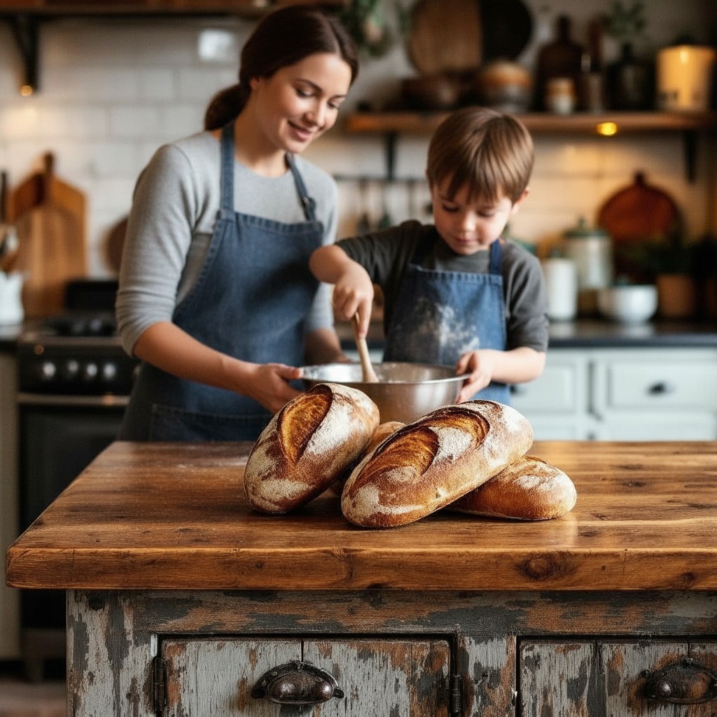 Who makes sour dough bread? Mom and son in kitchen.