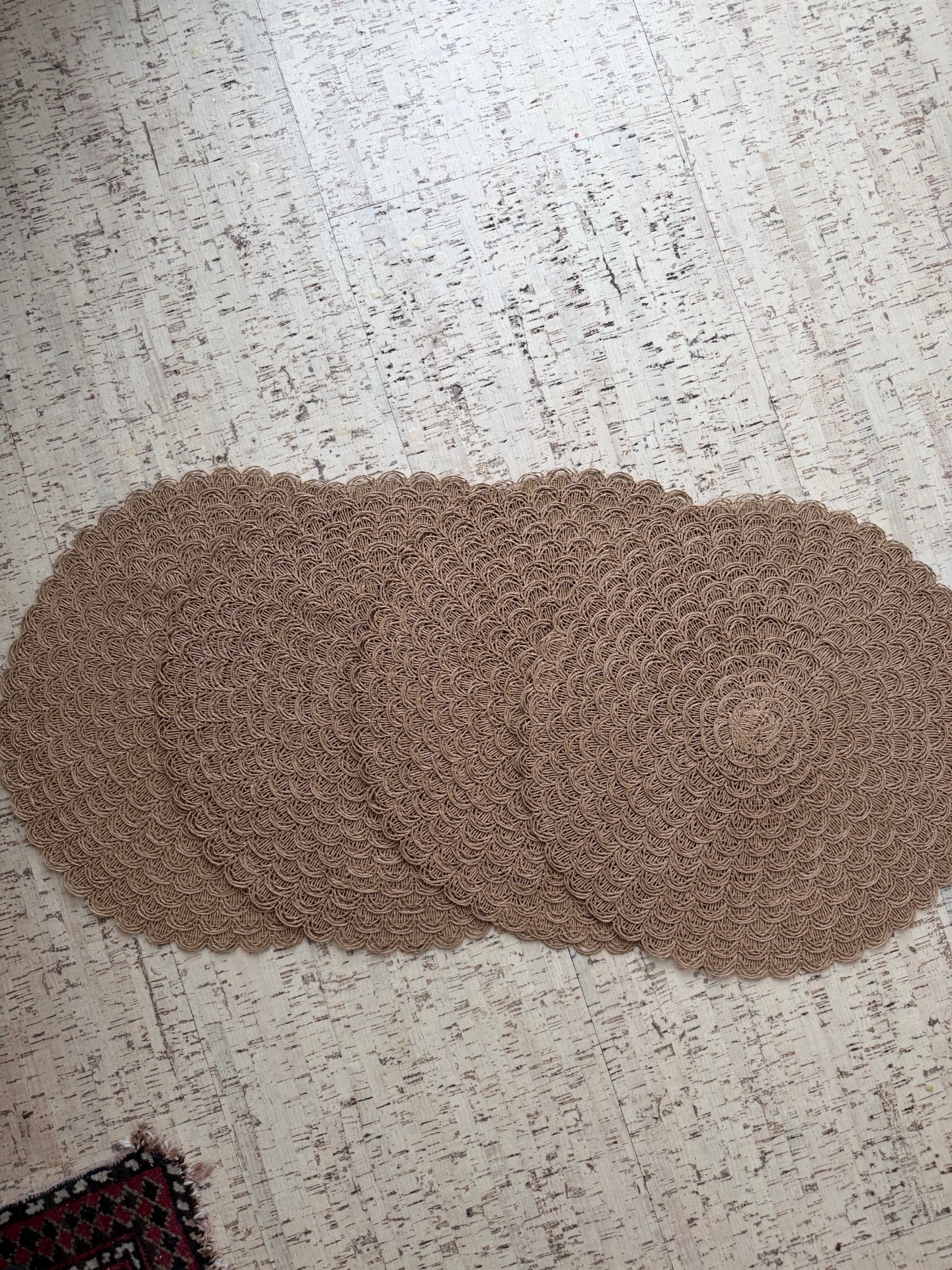 Set of four round woven placemats. These placemats are woven from plant-based viscose fibers derived from natural cellulose, creating a soft and flexible alternative to rougher natural fibers like jute. Designed in a detailed circular pattern, these placemats add a natural, relaxed look to everyday meals and special gatherings. Each placemat measures 15 inches round, providing the perfect size for dinner plates, bowls, and table settings. The woven texture creates a stylish farmhouse or coastal table look while helping protect your table from spills and messes. These placemats are easy to care for and wipe clean, making them perfect for daily family meals, entertaining guests, or outdoor dining. Product Details • Set of 4 placemats Pairs nicely with our napkins, https://www.etsy.com/shop/ButterflyandbeeUS?ref=seller-platform-mcnav§ion_id=56338534 • 15 inch round size • Beautiful woven circular pattern • Neutral natural tone that pairs with many table styles • Wipe clean with damp cloth • Do not machine wash Perfect for: • farmhouse table decor • coastal dining rooms • everyday family meals • dinner parties and entertaining • housewarming gifts These textured placemats pair beautifully with cloth napkins, linen table settings, and natural kitchen decor.