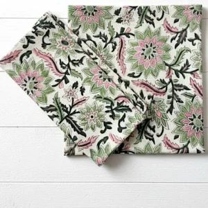 Pink and Green Floral Cotton Napkins, Cotton Block Print