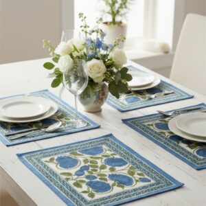 Blue floral Placemats, hand block printed