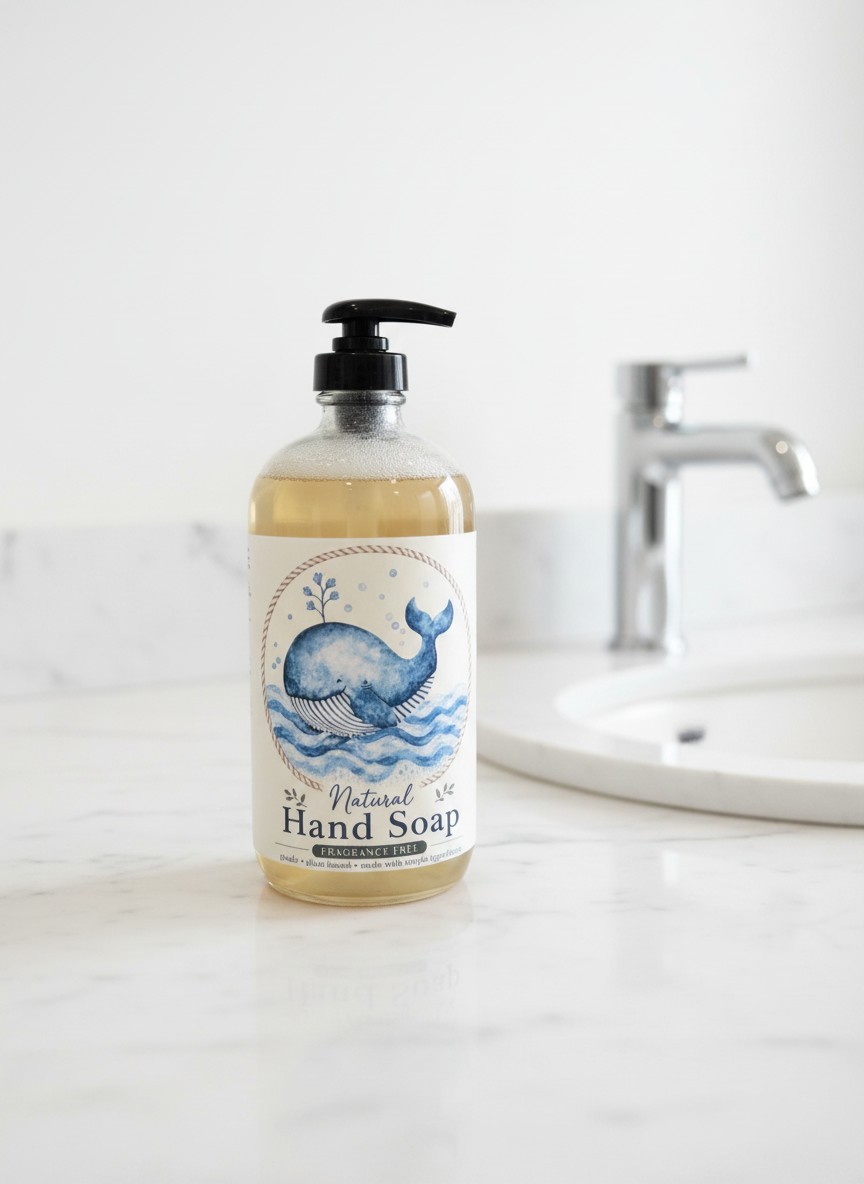 Natural Hand Soap in Glass Dispenser with Whale Design