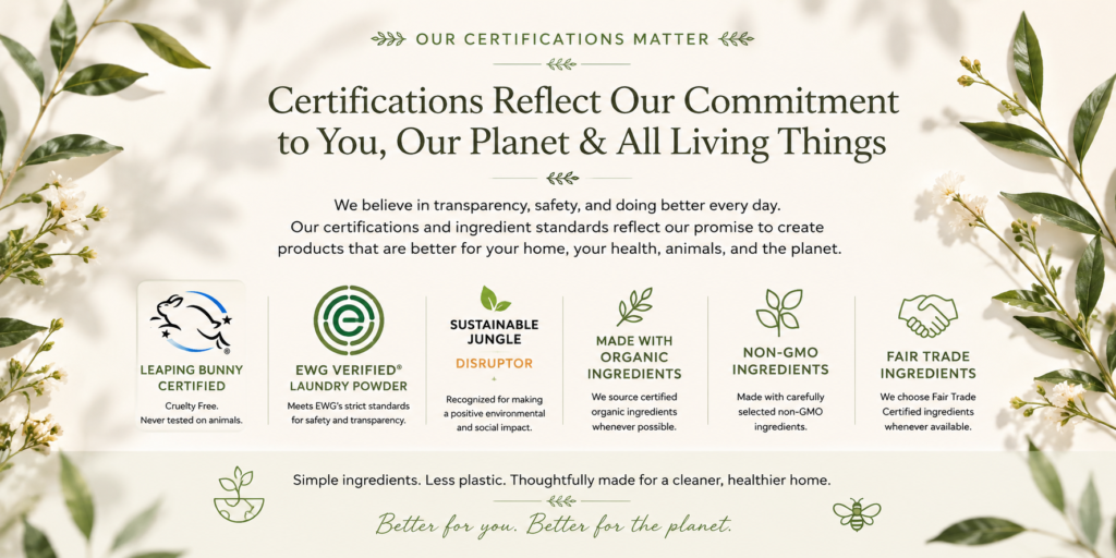 Butterfly & Bee Certificates, Leaping Bunny, Environmental Working Group, Sustainable Jungle, Non-GMO, Organic