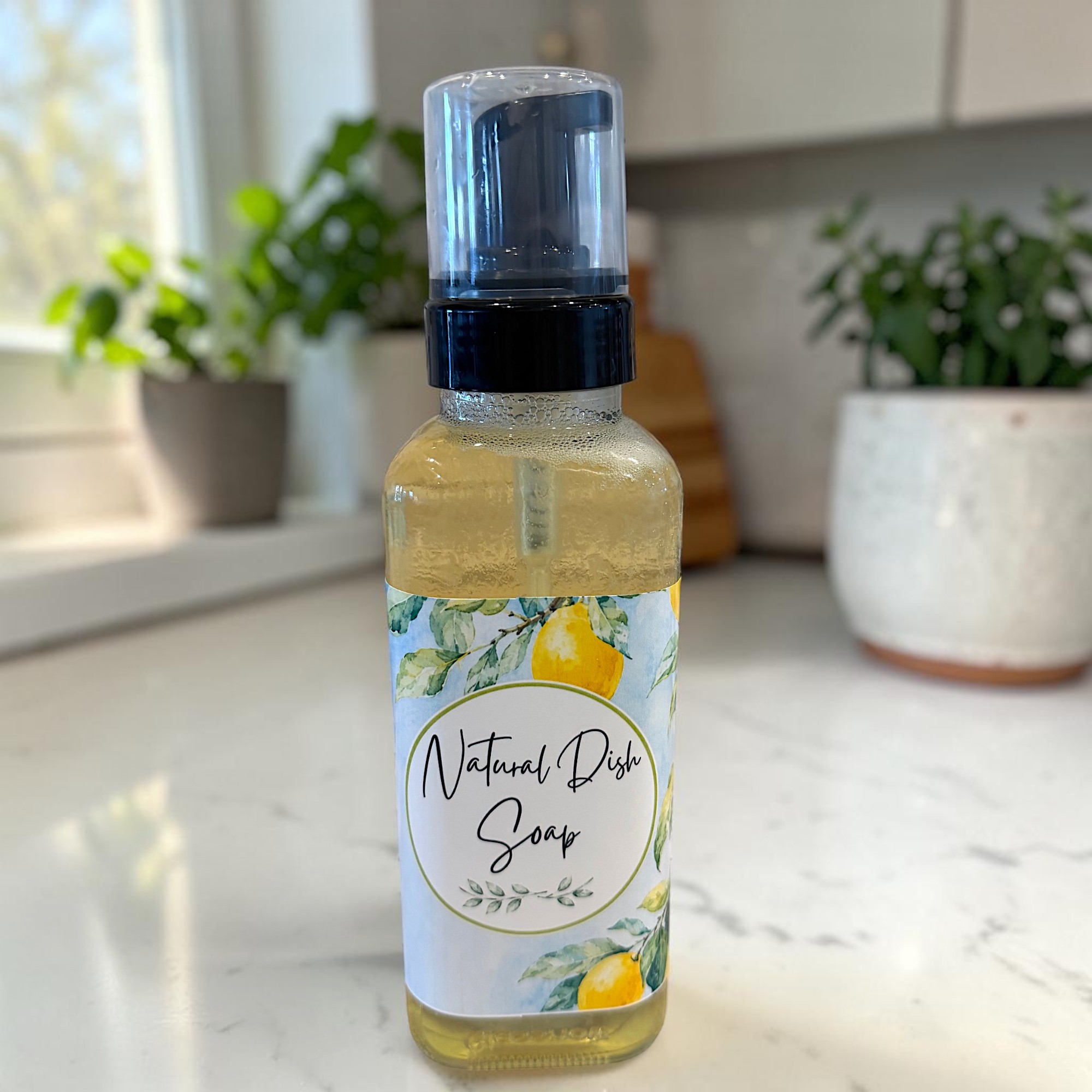 Organic dish soap made from castile soap in 16 oz. glass foam pump.