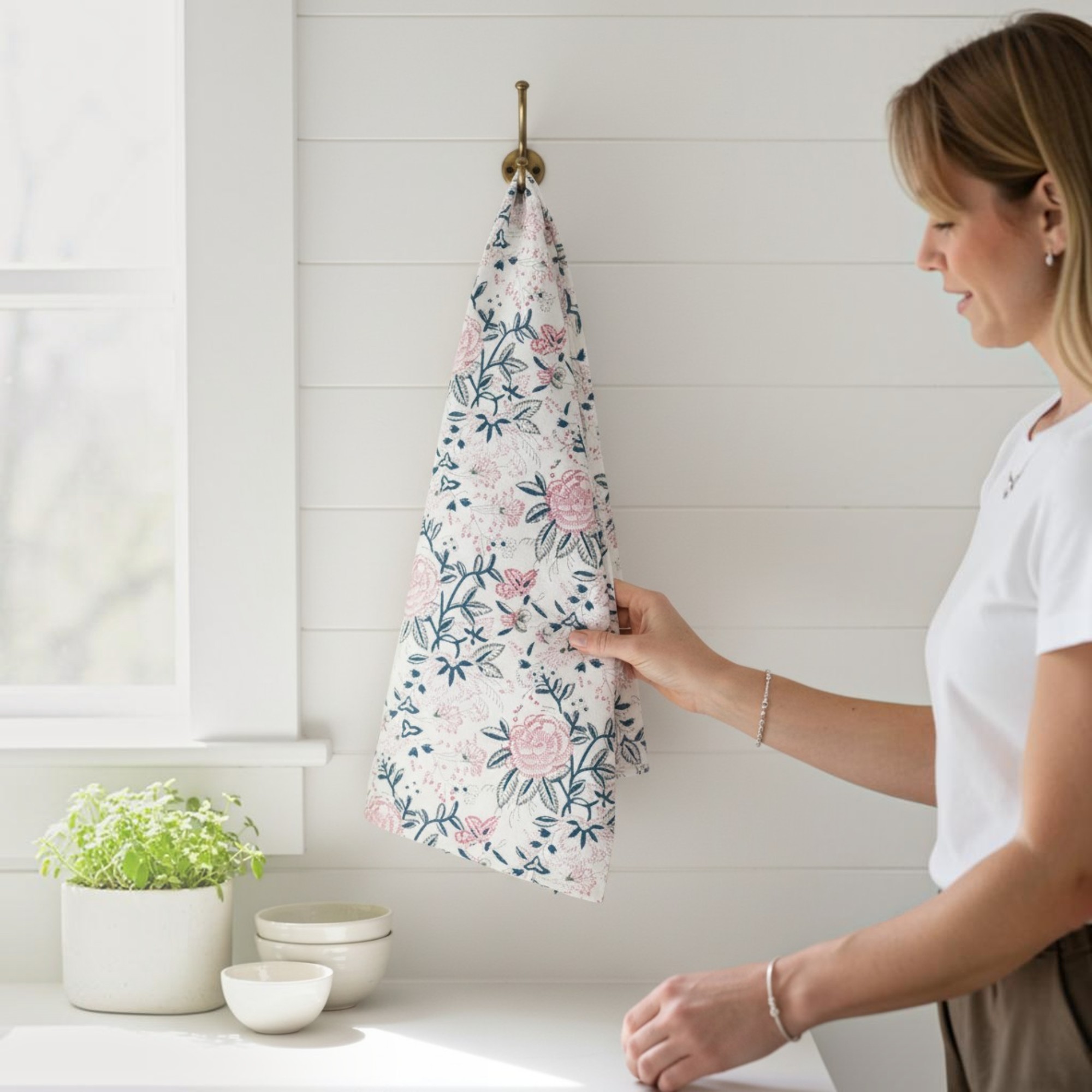 Hand Block Print Kitchen Towel | Extra Large Cotton Tea Towel with Hanging Loop | Vintage Rose Kitchen Towel Cottage Kitchen French Country Decor - Image 3