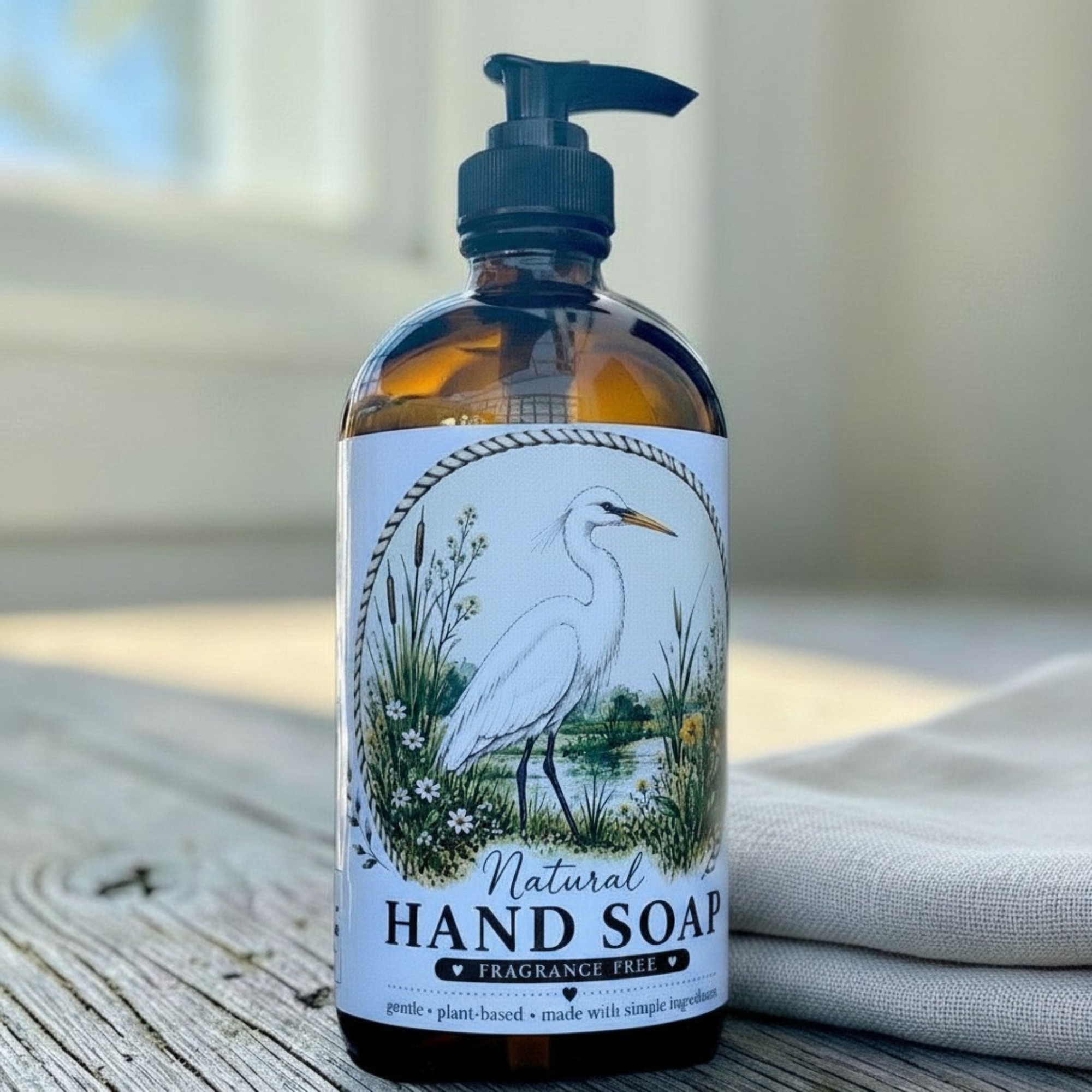 Fragrance free hand soap in glass dispenser, Egret label