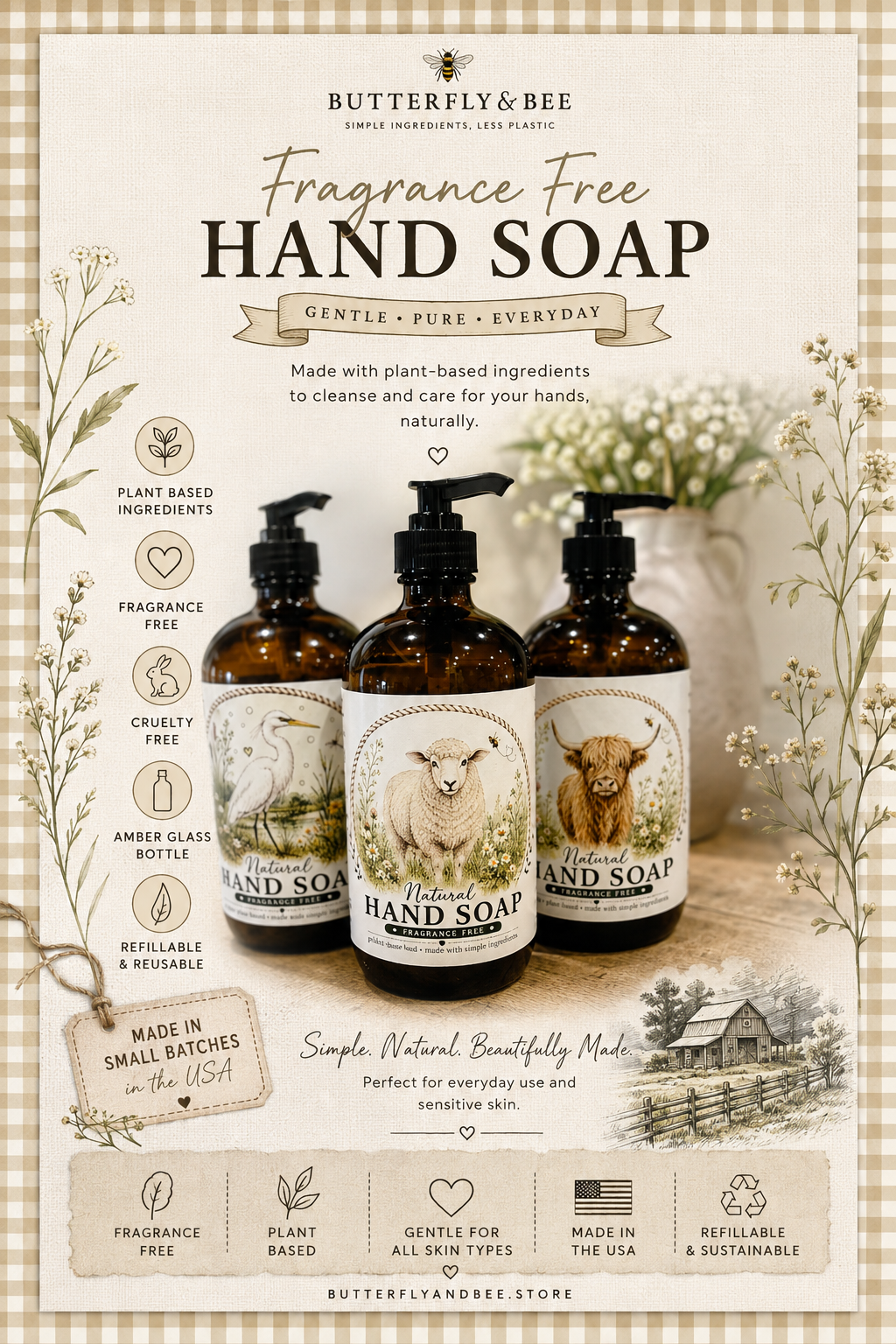 Fragrance Free Hand Soaps in Glass Soap Dispenser, (16 oz) – Unscented Castile Soap with Watercolor Animal Labels (Highland Cow, Sheep, Egret) - Image 4