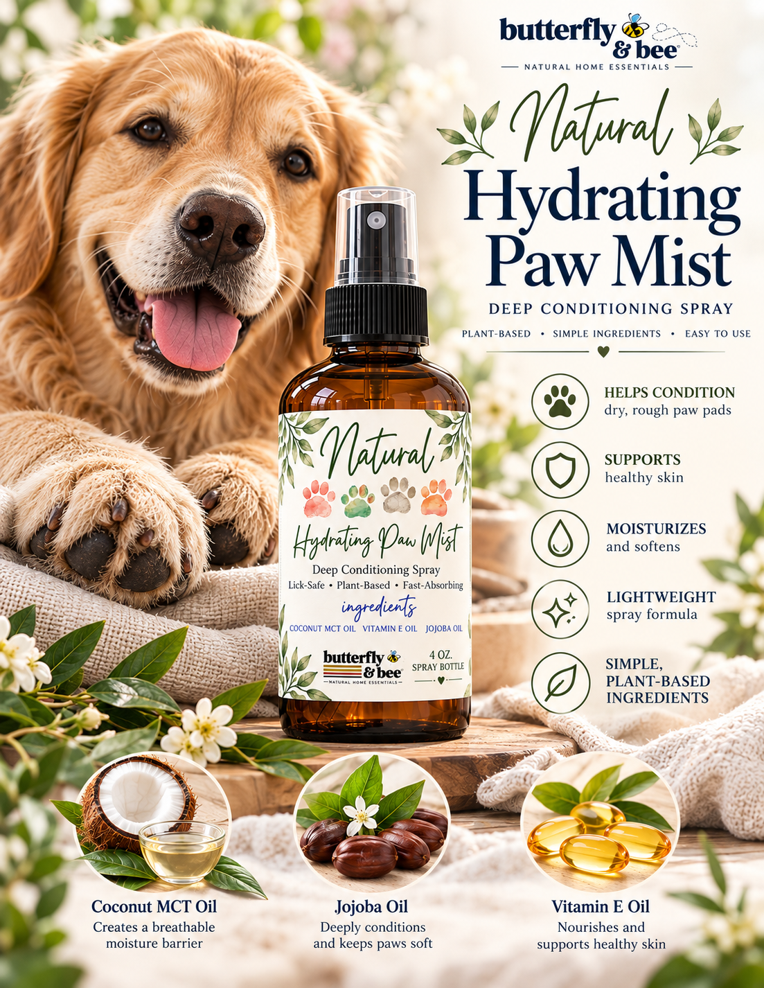 Natural Hydrating Paw Conditioner for Dogs Paw Pad Moisturizer Coconut MCT, Jojoba & Vitamin E - Image 5